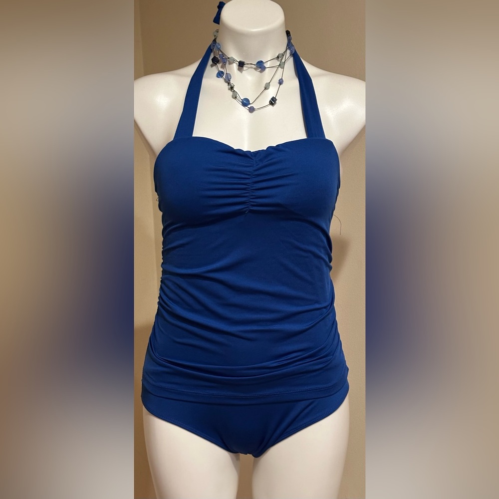 No Tag Blue Halter Neck Sweetheart Front.. piece Swimsuit Draped In Front Sz Z